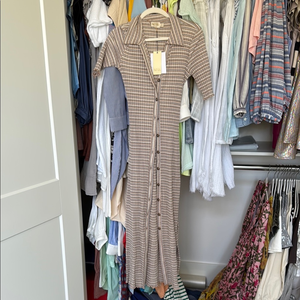 NATION Brand Brown Plaid/Striped Button-Down Maxi Dress